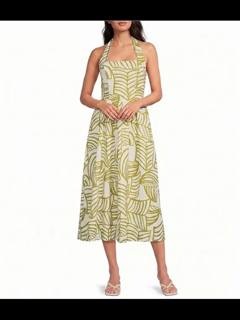 Lucy Paris Halter Midi Dress in Olive and White Leaf Print